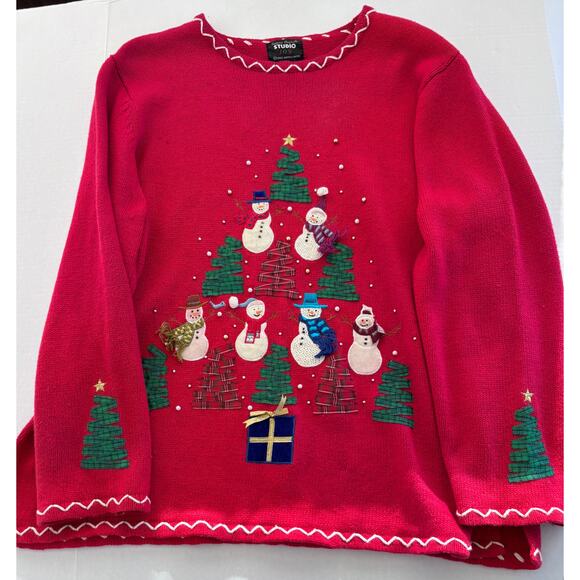 Designers Originals Studio Christmas Tree Snowman Sweater XL Red Holiday Knit - Picture 7 of 9